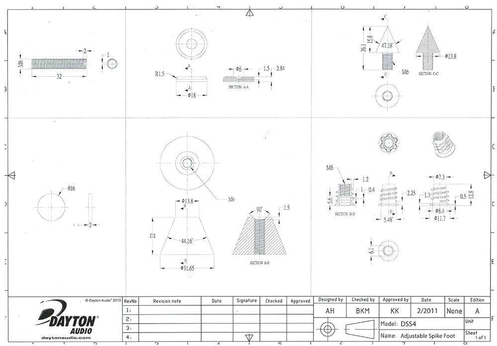 Dayton Audio DSS4-BC Black Chrome Speaker Spike Set 4 Pcs.