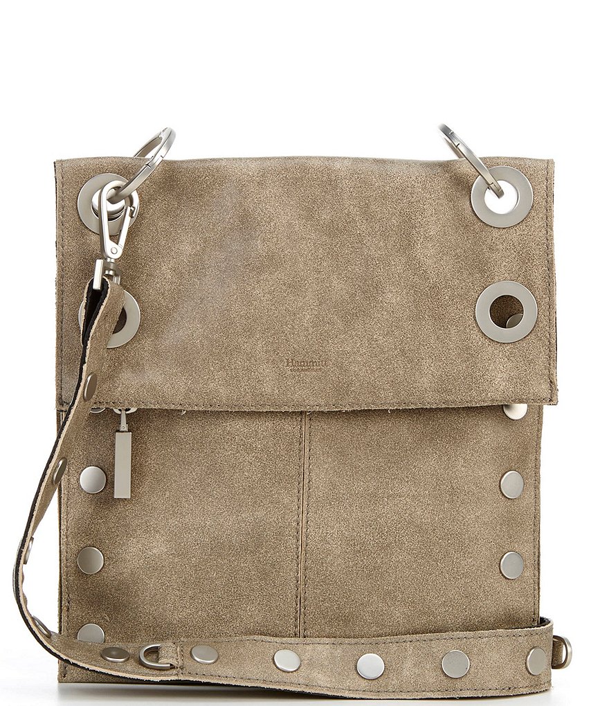 Hammitt Montana Suede Brushed Studded Leather Medium Fold Zip Crossbody Bag