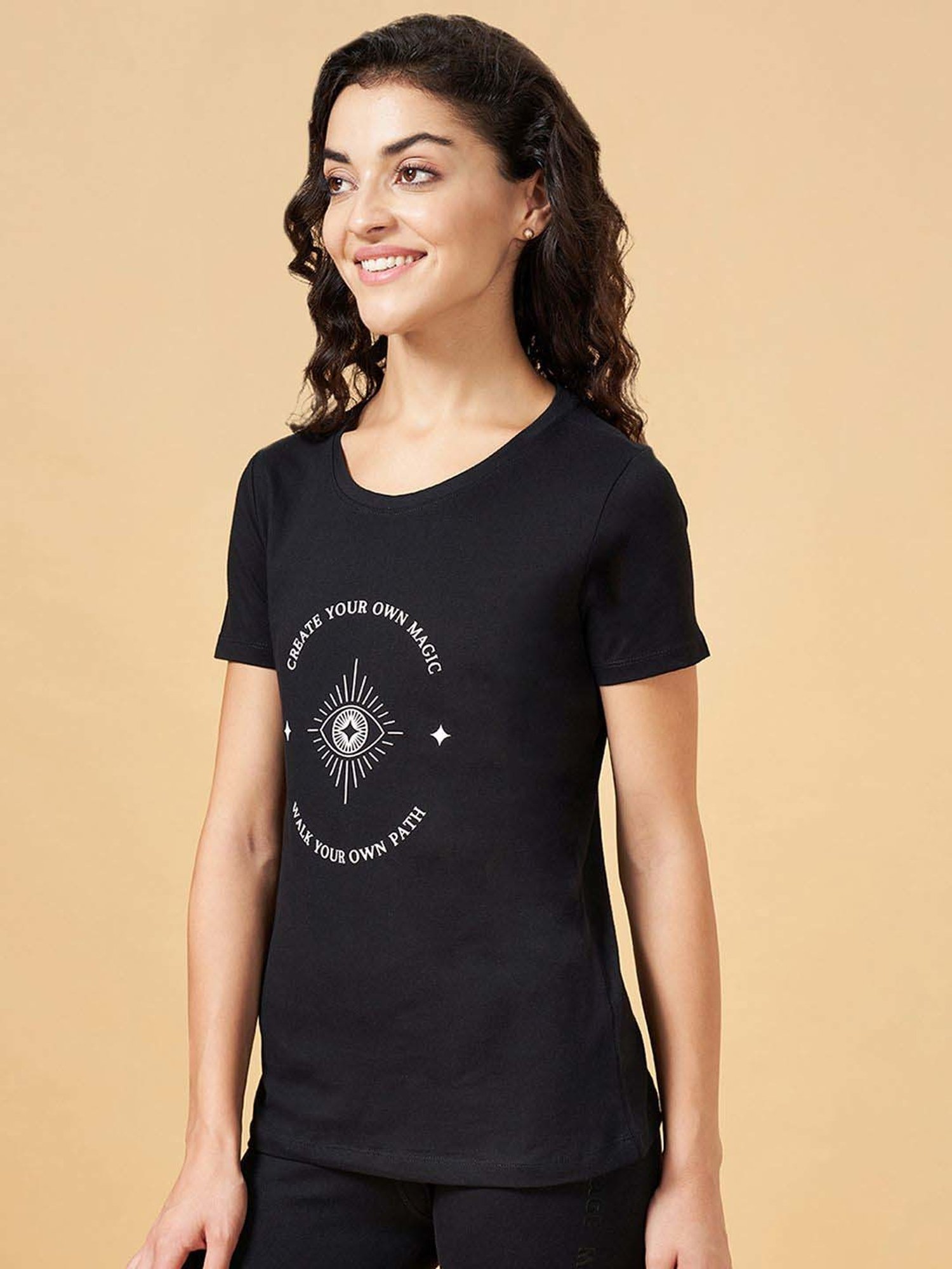 Ajile by Pantaloons Black Cotton Graphic Print Sports T-Shirt