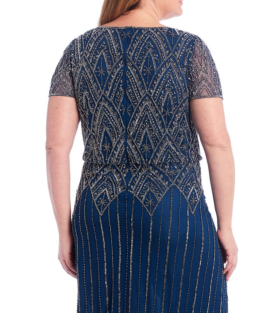 Pisarro Nights Plus Size Short Sleeve V-Neck Beaded Blouson Gown