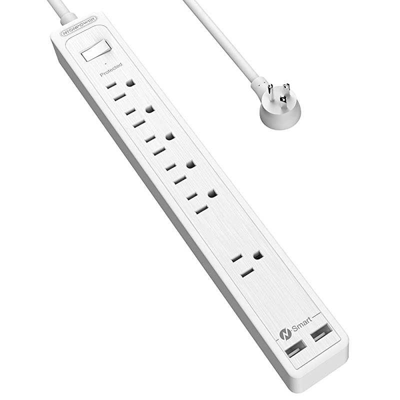 Outlets Surge Protector Power Strip with 2 USB Ports, 5ft Long Extension Cord, 1875W Flat Plug Power Strip Heavy Duty, Widely Spaced Outlet, Wall Mount for for Office Home Theater, White, 500 J