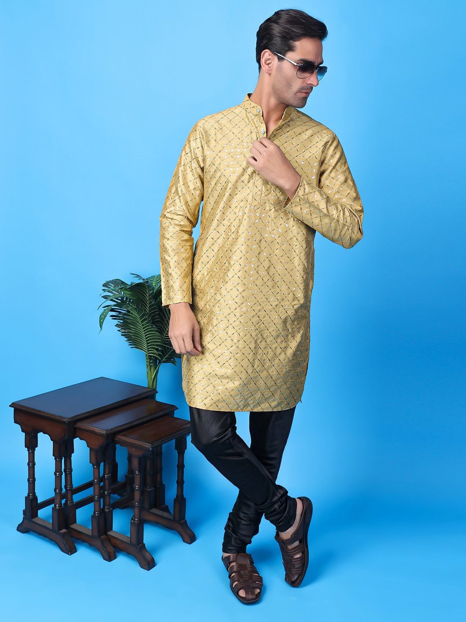 Hangup Khaki & Black Regular Fit Embellished Kurta Bottom Set