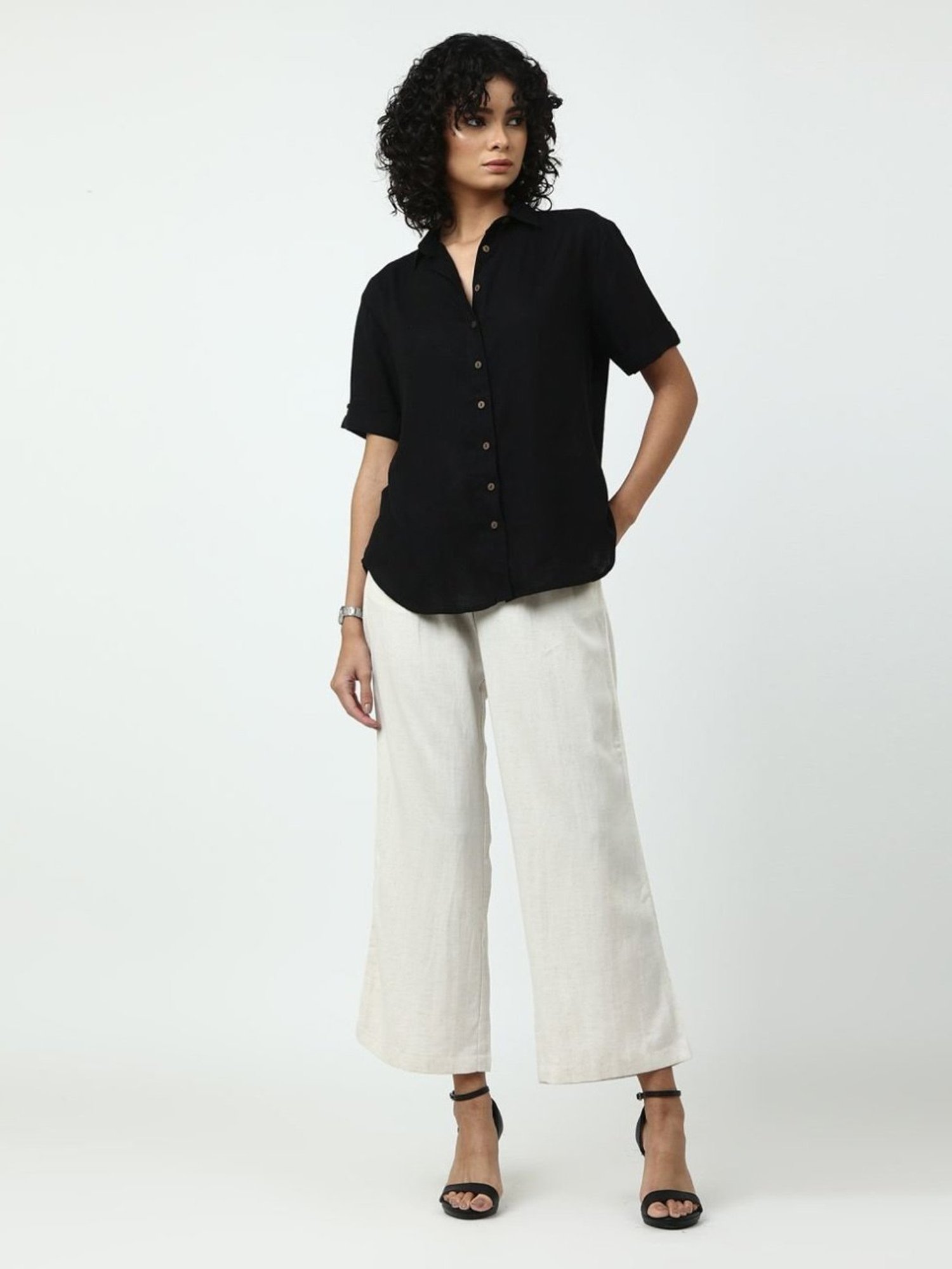 Saltpetre Elegant Linen Black Shirt and Cream Wide Leg Trouser Coord Set