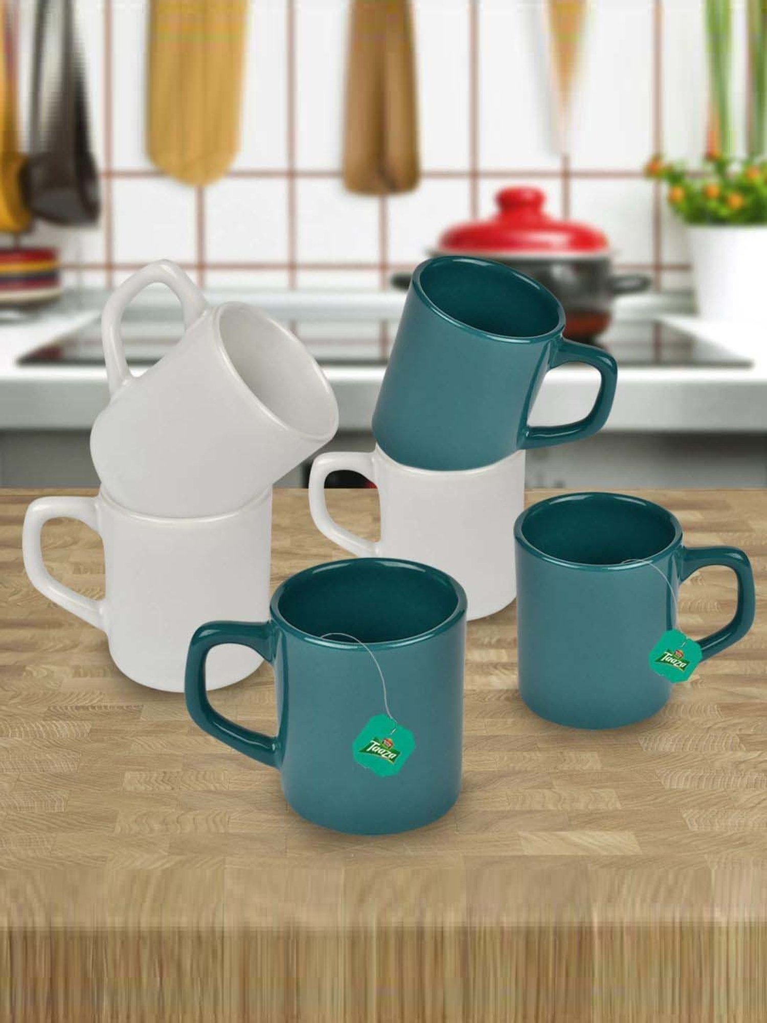 Urban Chef White & Dark Green Ceramic Droite Handcrafted Microwave Safe Cup - Set of 6
