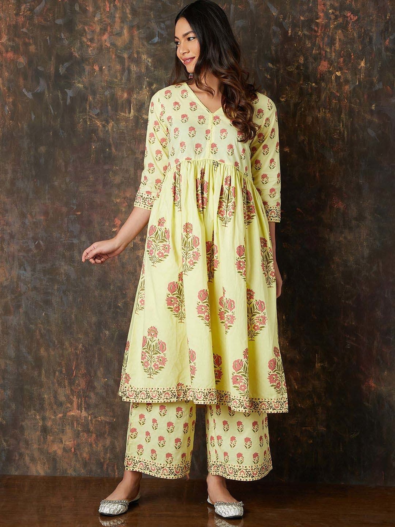 Melange by Lifestyle Yellow Cotton Printed Kurta Palazzo Set