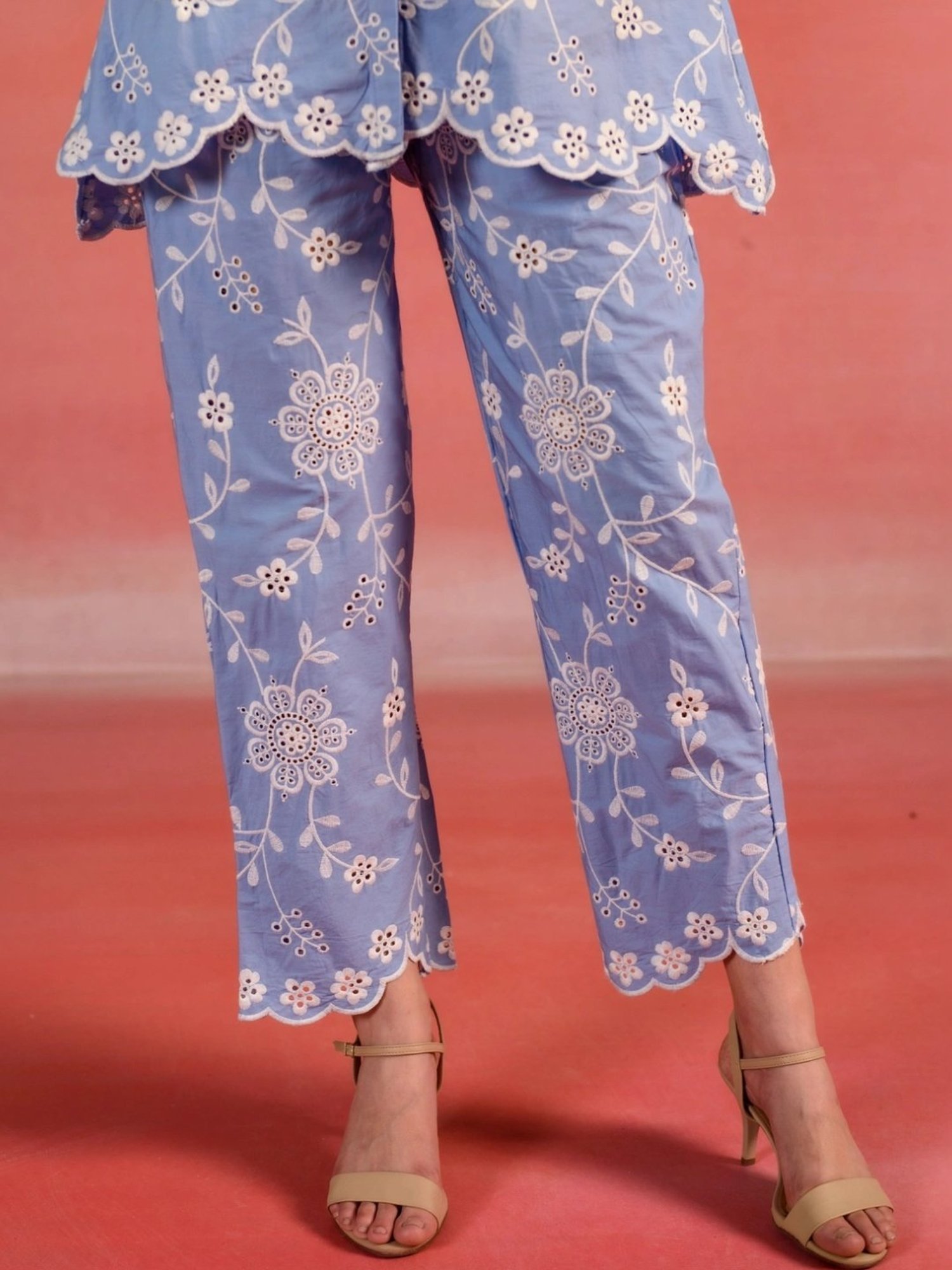 Kameez by Pooja Blue Floral Embroidered Poplin Shirt with Pant Co-ord Set