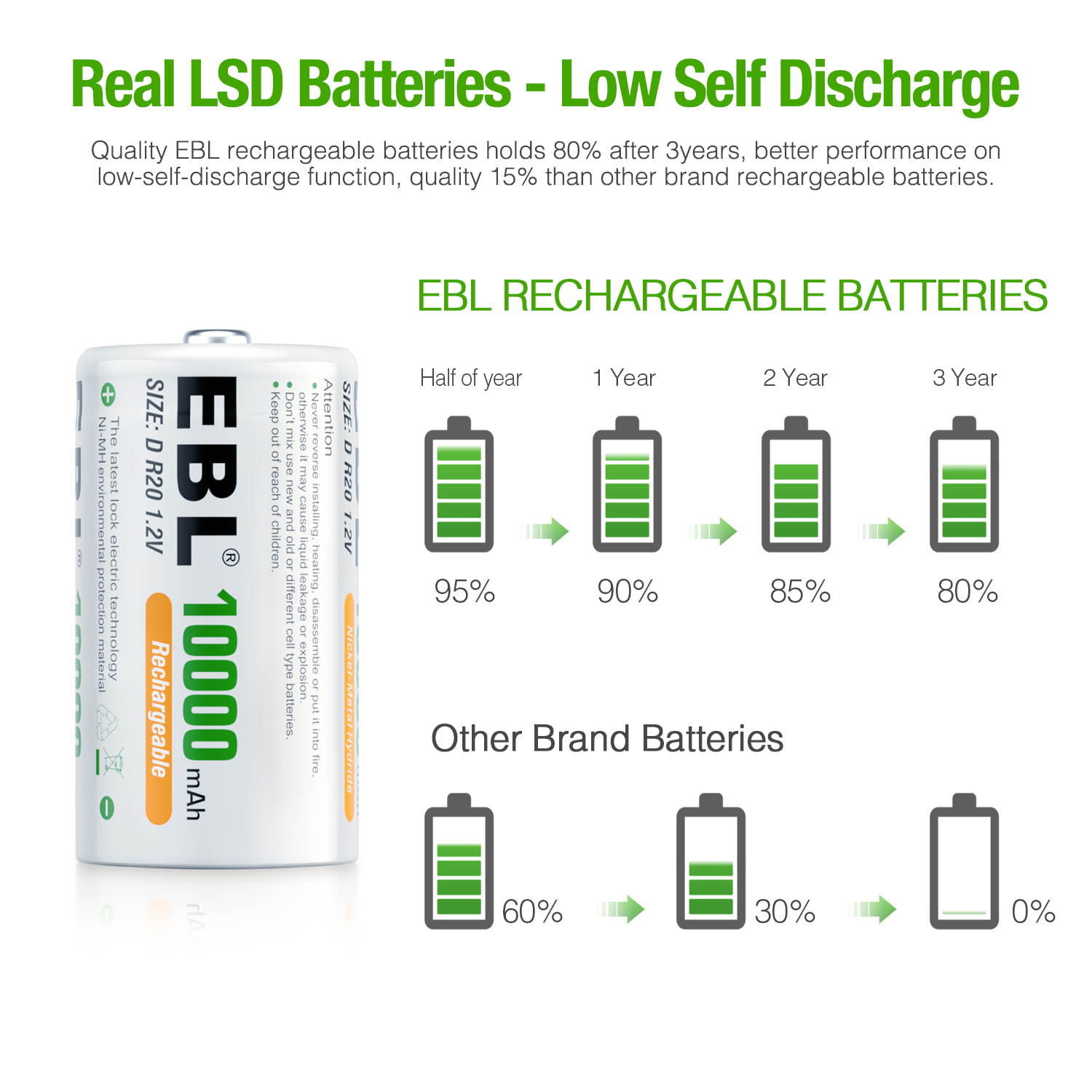 EBL 2Pcs D Cells 10000mAh Rechargeable Batteries with C D 9V AA AAA Battery Charger
