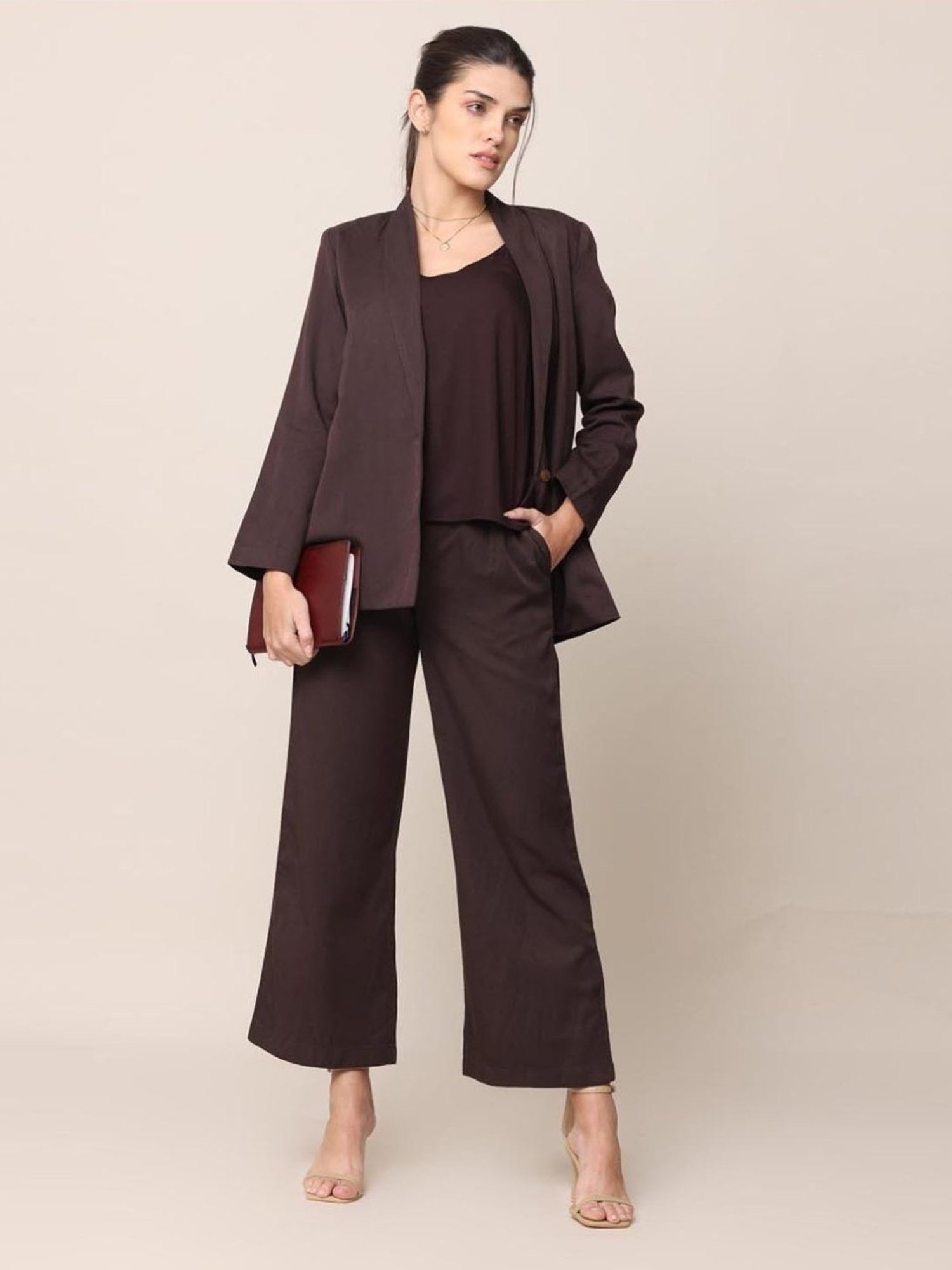 Saltpetre Classic Tencel All Season Coffee Blazer with Top & Trousers 3 piece Co-ord Set