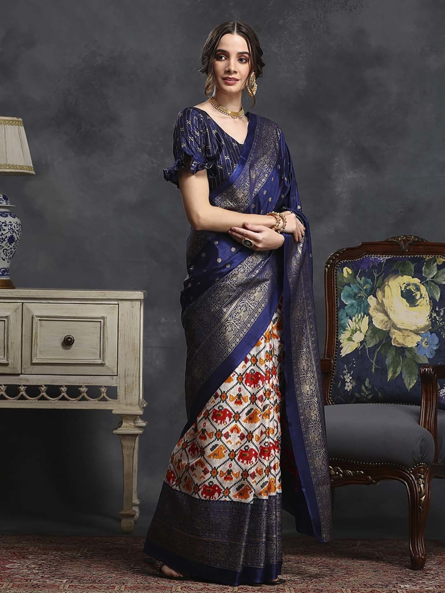Saree Mall Navy & White Silk Printed Saree With Unstitched Blouse