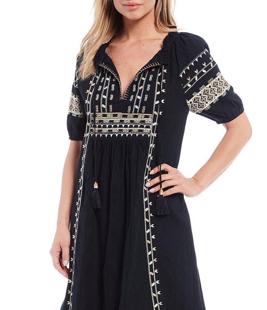 Reba Embroidered V-Neck Flounce Hem Puff Elbow Sleeve Cotton Crinkle Dress