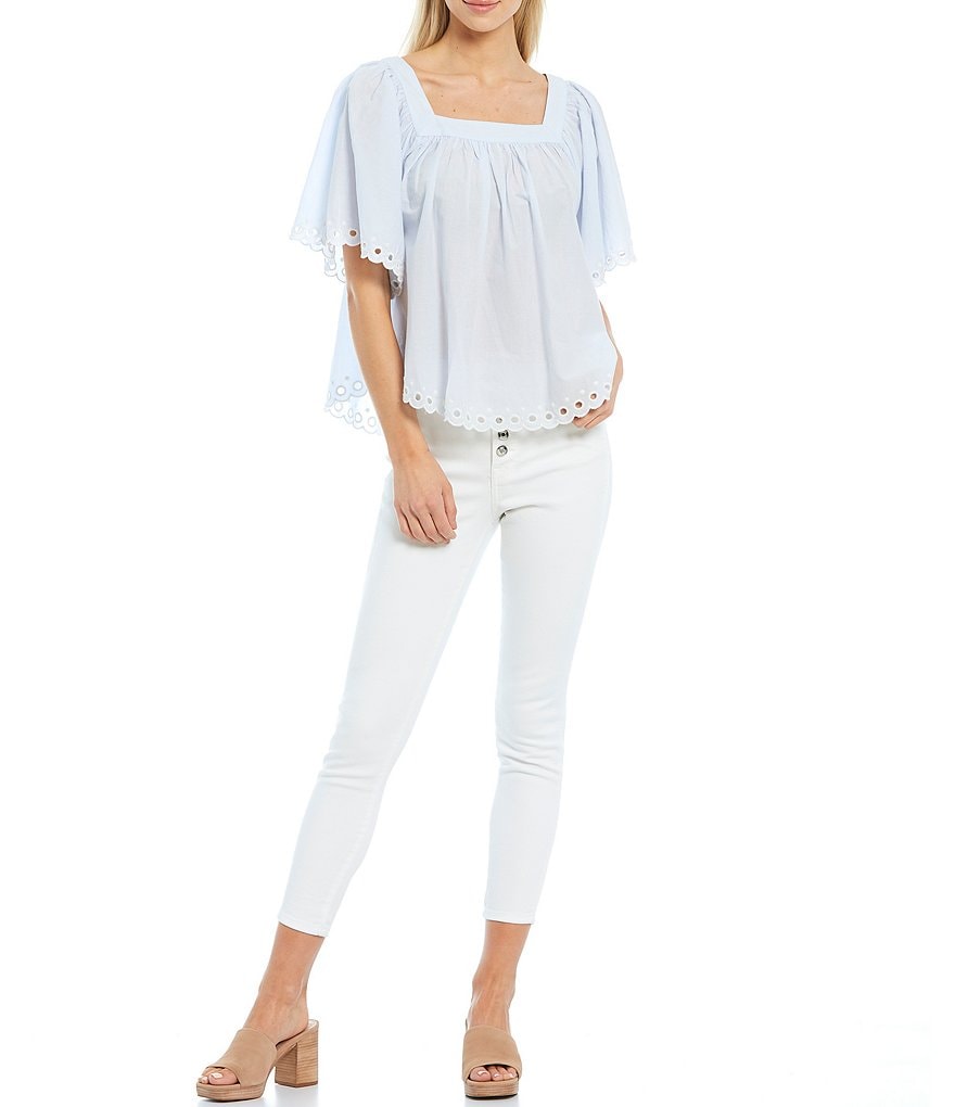 Ella Moss Lynne Shirred Embroidered Scallop Trim Top