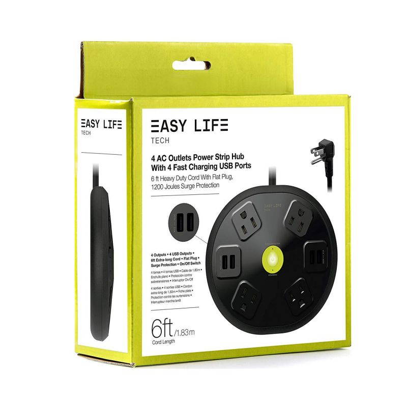 Easylife Tech Round Surge Protector Strip with 4 AC Outlets and 4 USB Ports 15 A / 125 V and 6 ft Heavy Duty Power Cord 1200 J Surge Protection &ndash; ETL Listed - Black
