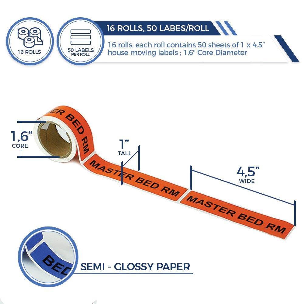 800 Home Moving Labels - Colored Label Supplies for Boxes, Packing & Box Stickers (16 Rolls, 4 Bedroom House) with 1 Empty White Label Roll for Customization