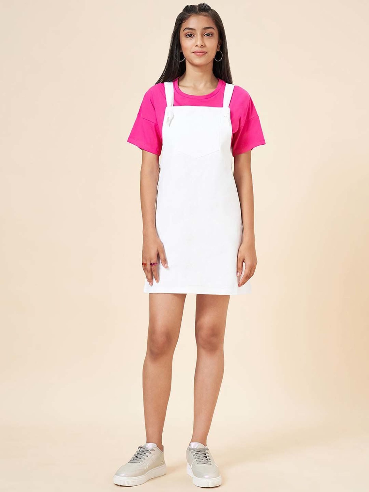 Coolsters by Pantaloons Kids White & Pink Cotton Regular Fit Dungaree Set