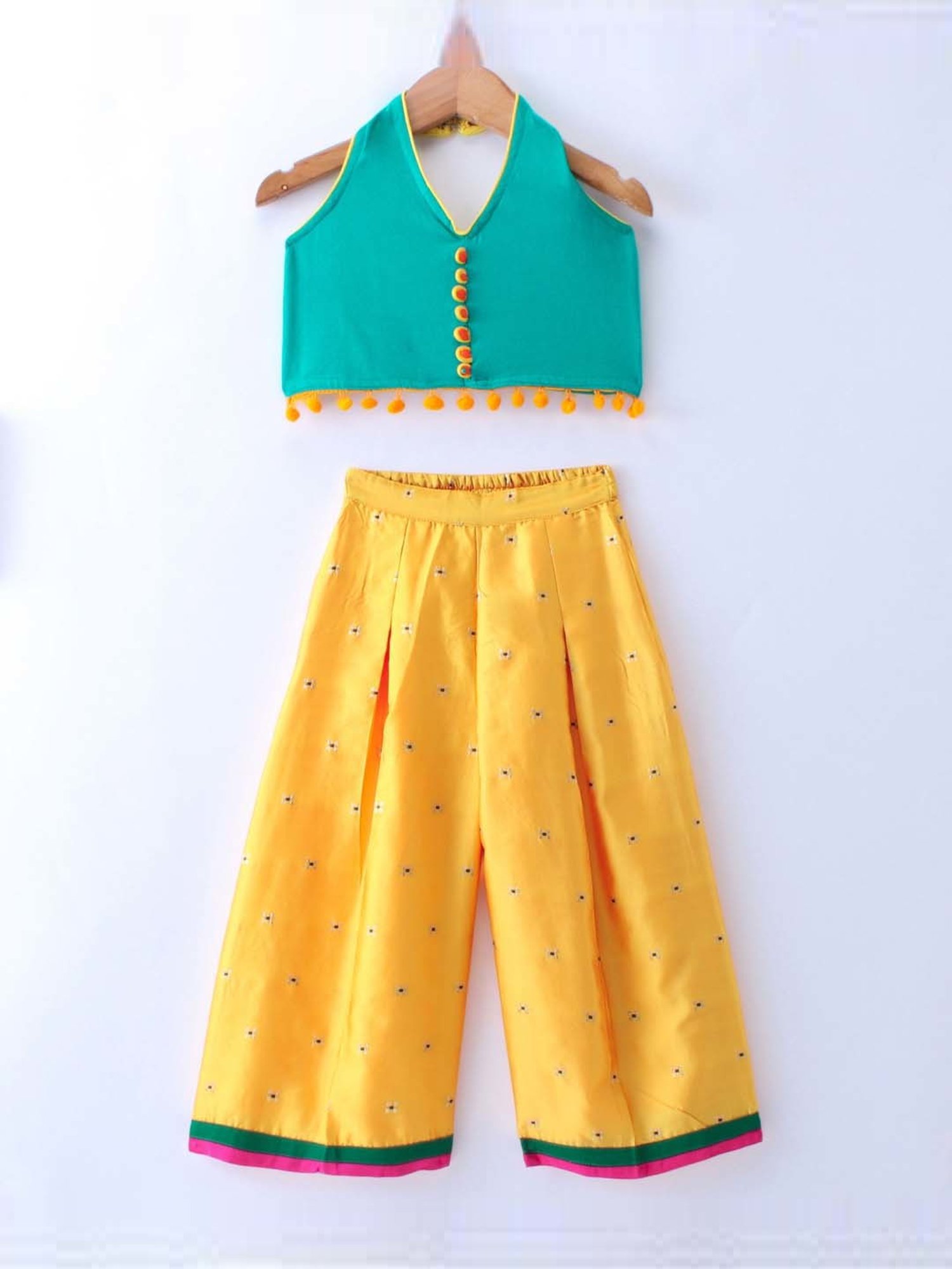 TWISHA Kids Sea Green & Yellow Self Pattern Top Set