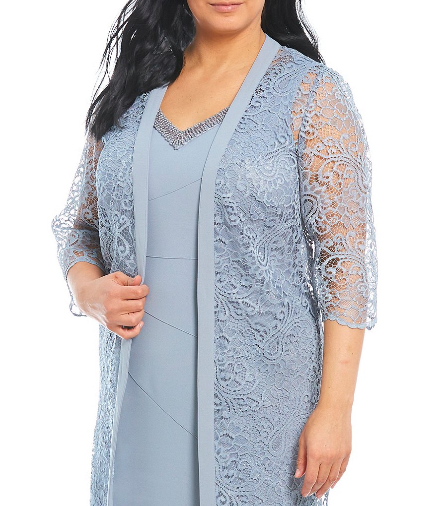 Le Bos Plus Size V-Neck Scalloped Lace 3/4 Sleeve Jacket Dress