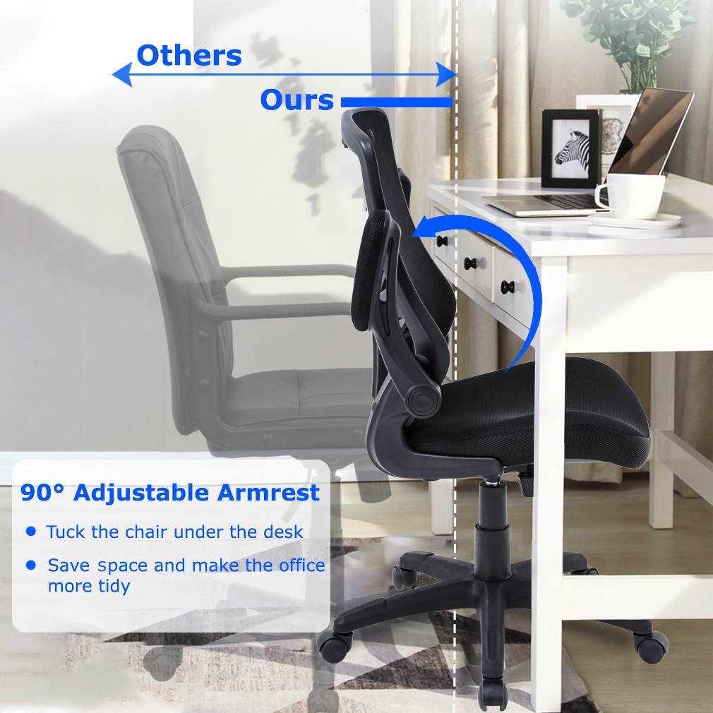Home Office Chair Desk Chair Mesh Computer Chair with Lumbar Support Flip Up Arms&nbsp;Modern Task Chair Adjustable Swivel Rolling Executive Mid Back Ergonomic Chair For Adults, Black