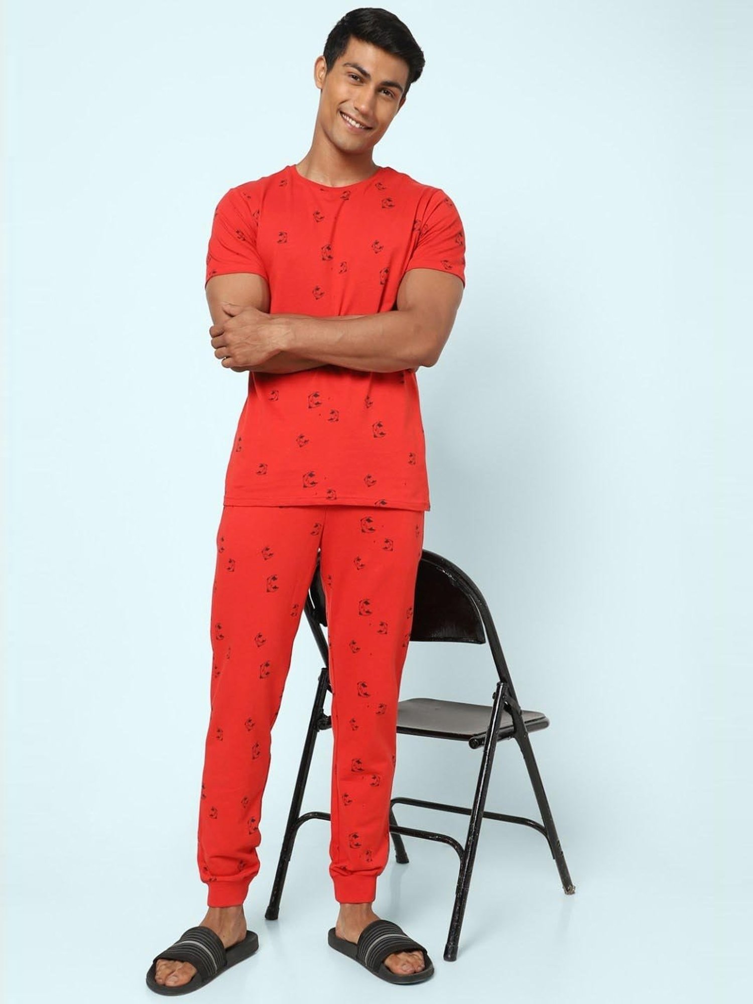 Ajile by Pantaloons Red Cotton Slim Fit Printed Nightwear Joggers