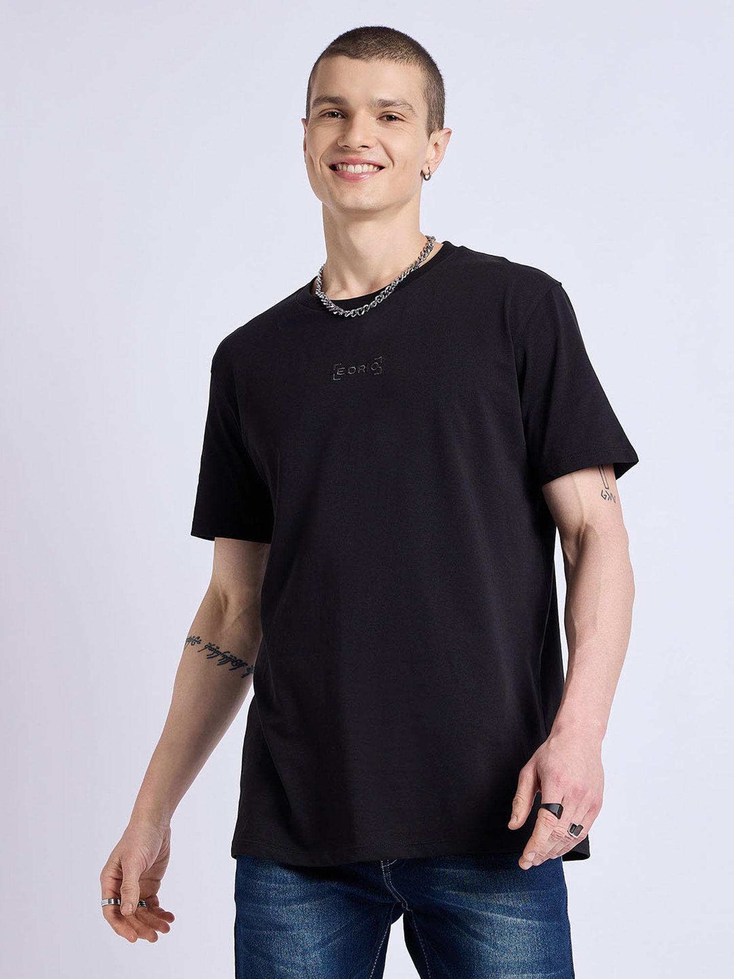 EDRIO Black Regular Fit Printed Crew T-Shirt