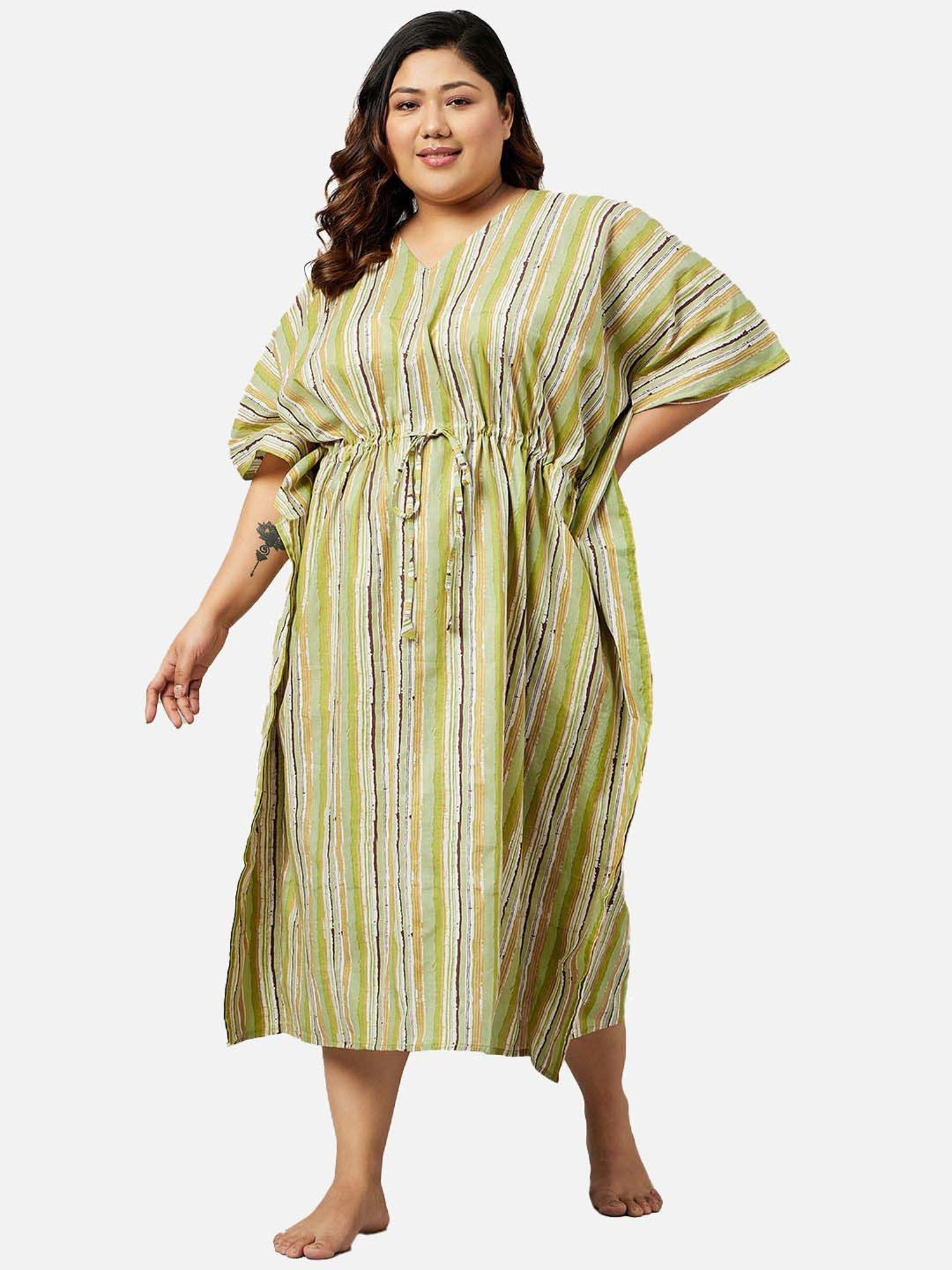 Secrets By ZeroKaata Green Cotton Printed Kaftan