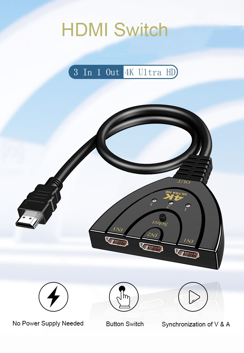 HDMI Switch, Aigrous 4K HDMI Splitter 3 in 1 Out,3 Port HDMI Switch 3x1 Switch Splitter with Pigtail Cable Supports Full HD 4K 1080P 3D Player