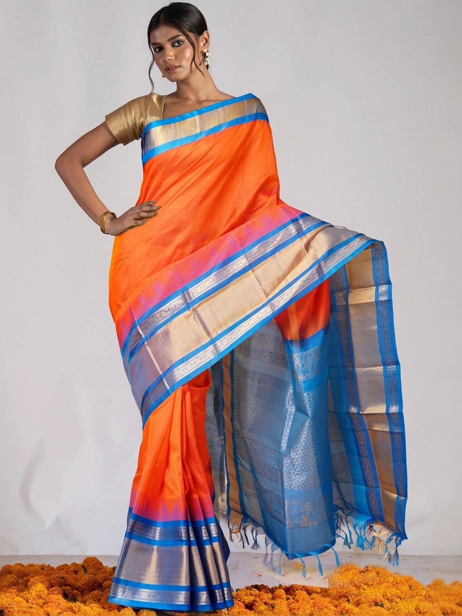 Unnati Silks Orange & Blue Silk Woven Saree With Unstitched Blouse