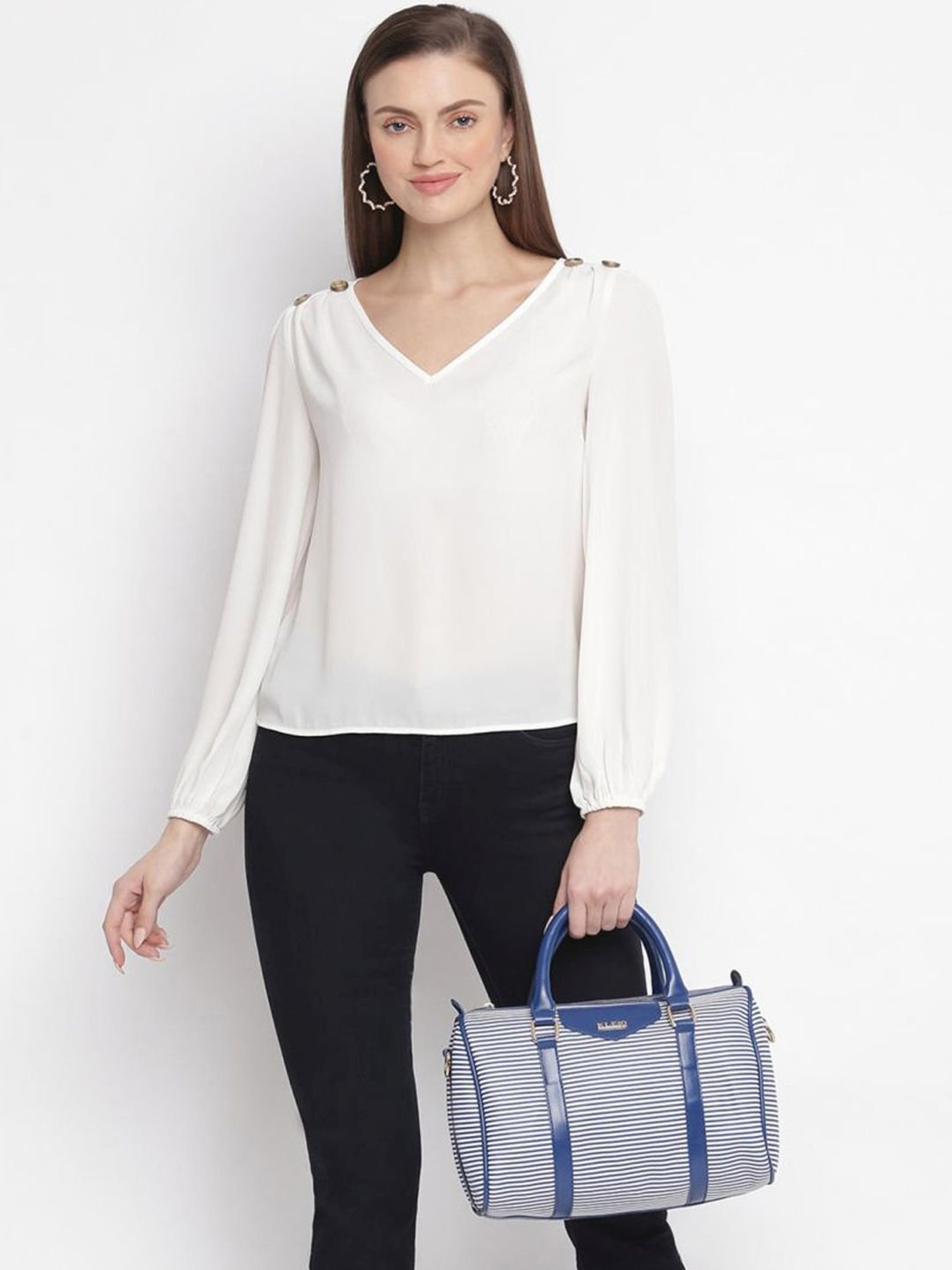 KLEIO Blue Striped Medium Bowler Handbag