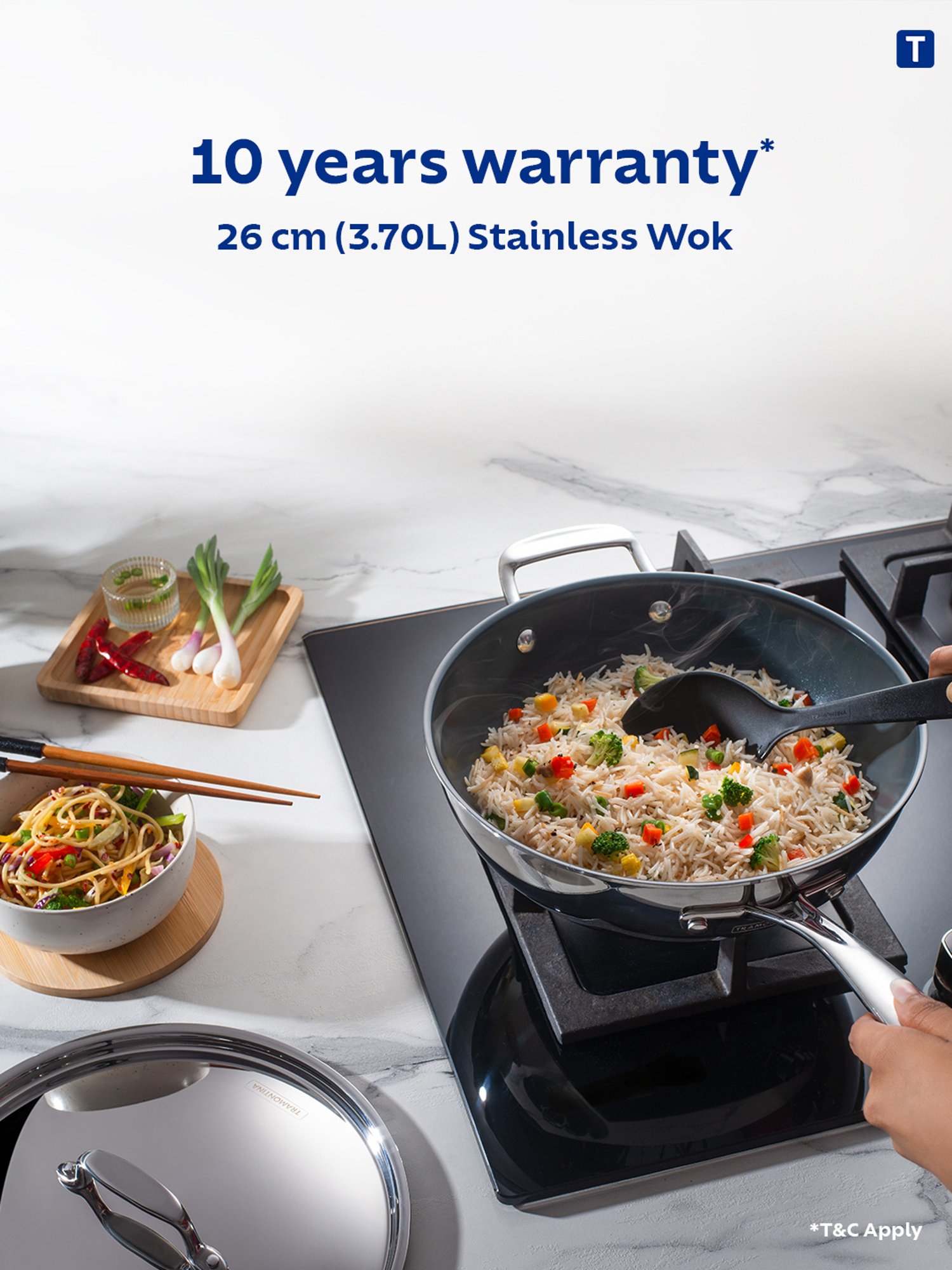 Tramontina Fusao Non-Toxic Triply Stainless Steel Ceramic Wok with Lid 26cm/3.7L