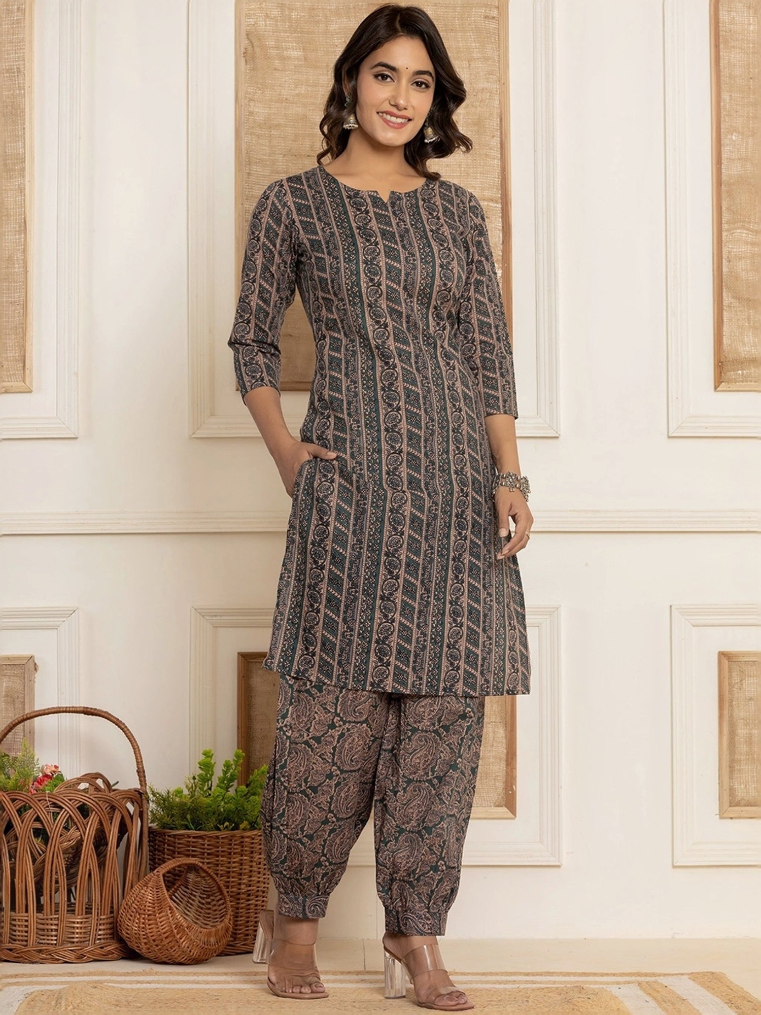 Yufta Teal Green Cotton Printed Kurta Harem Pant Set