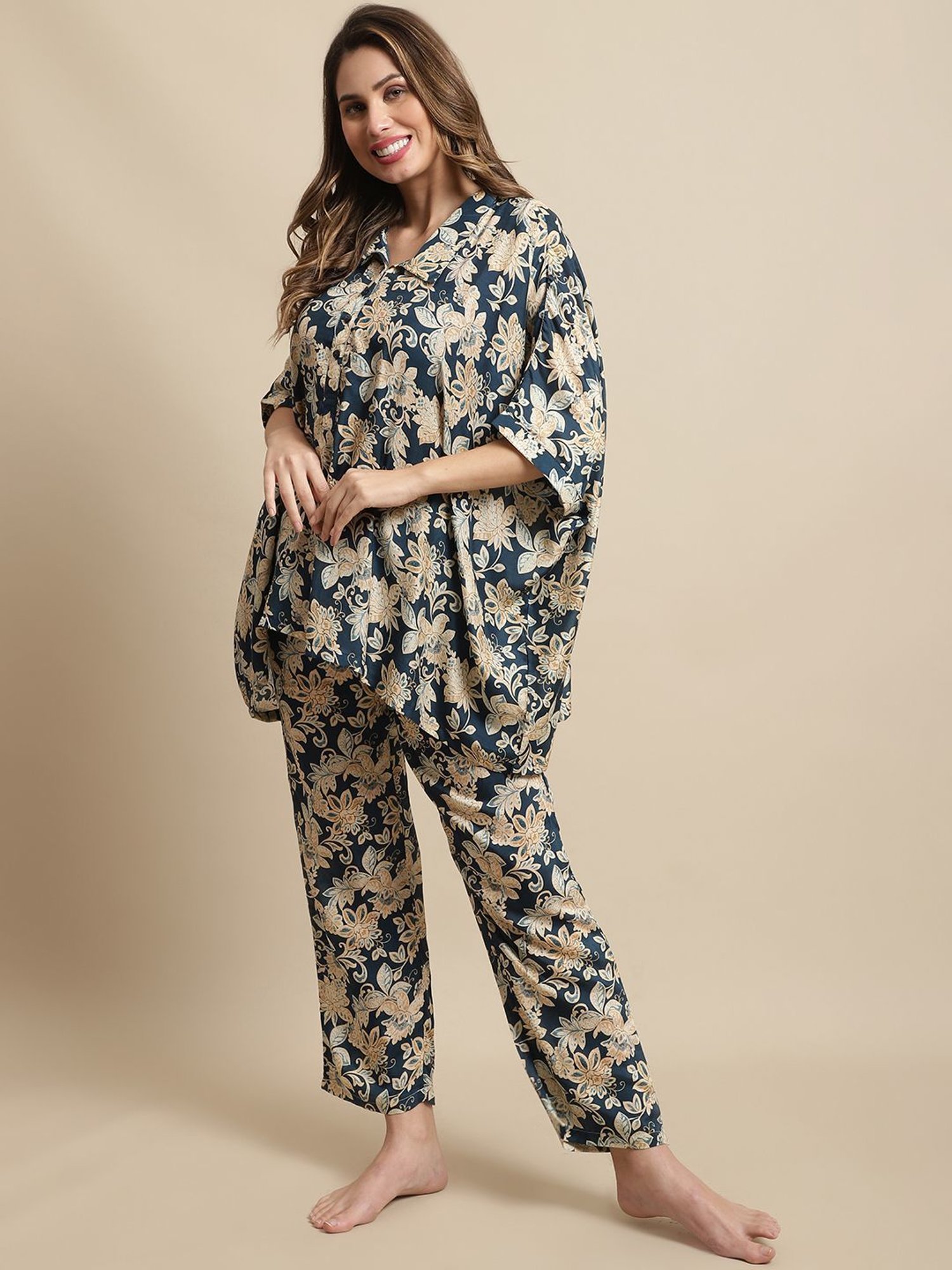 Kanvin Navy Printed Kaftan Palazzo Set