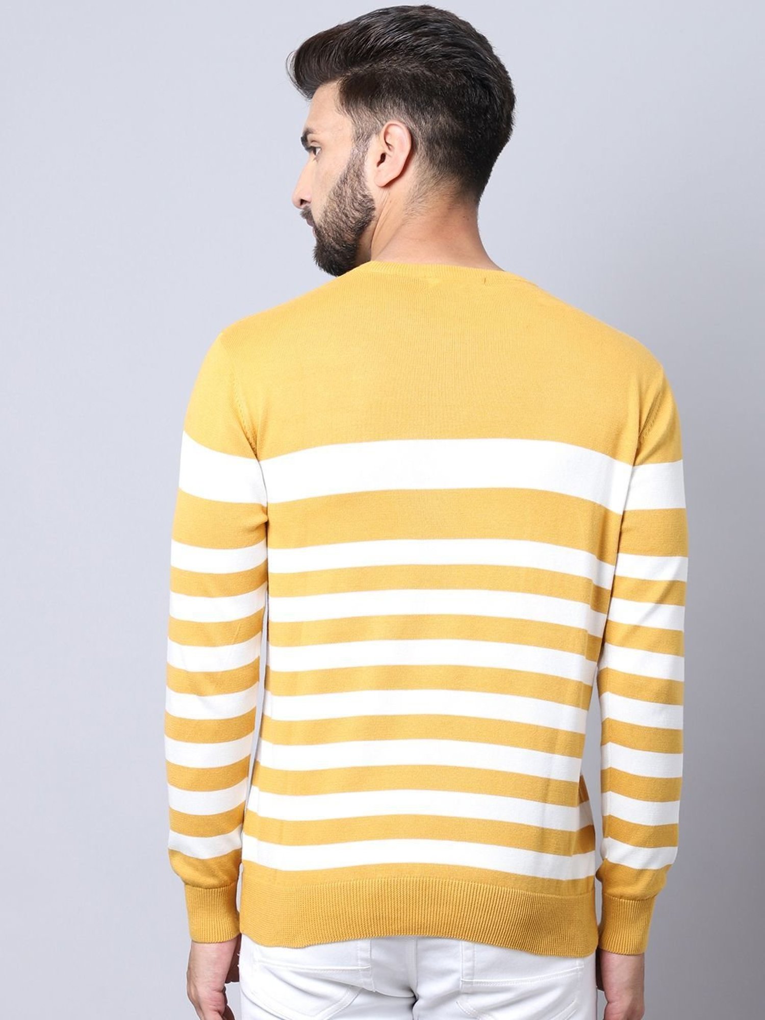 Cantabil Mustard Regular Fit Striped Sweater