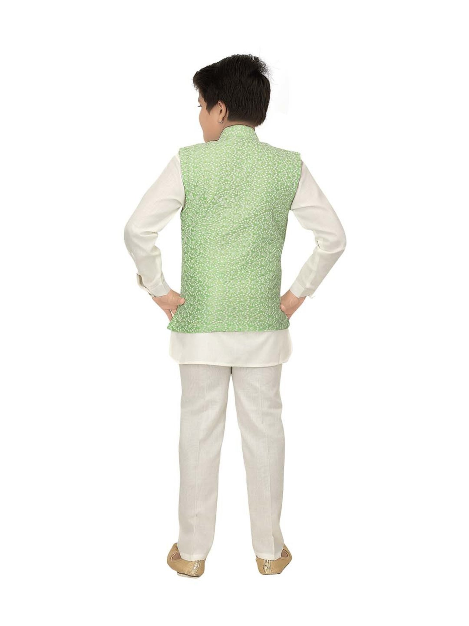 Ahhaaaa Kids Mint Green & White Cotton Printed Full Sleeves Kurta Set