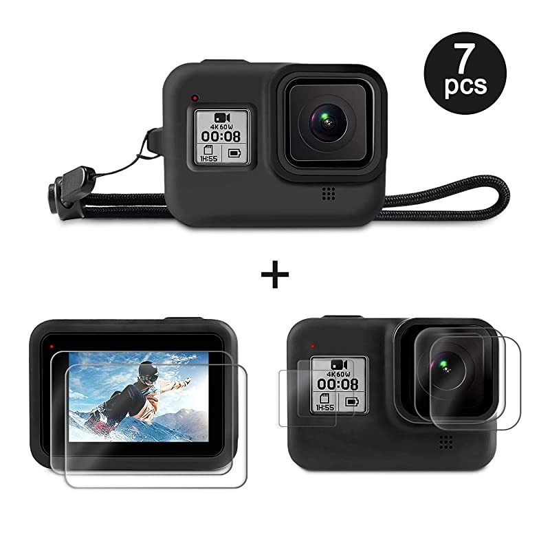 Accessories Kit Compatible with GoPro Hero 8 Black, with Silicone Rubber Protective Case + 4pcs Ultra Clear Tempered Glass Screen Protector + 2pcs Display HD Lens Protector
