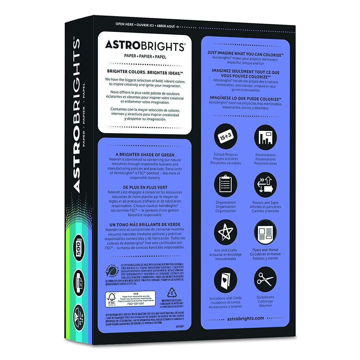 Astrobrights Color Paper, 8.5  x 11 , 24 lb/89 gsm,"Cool" 5-Color Assortment, 500 Sheets (20274)