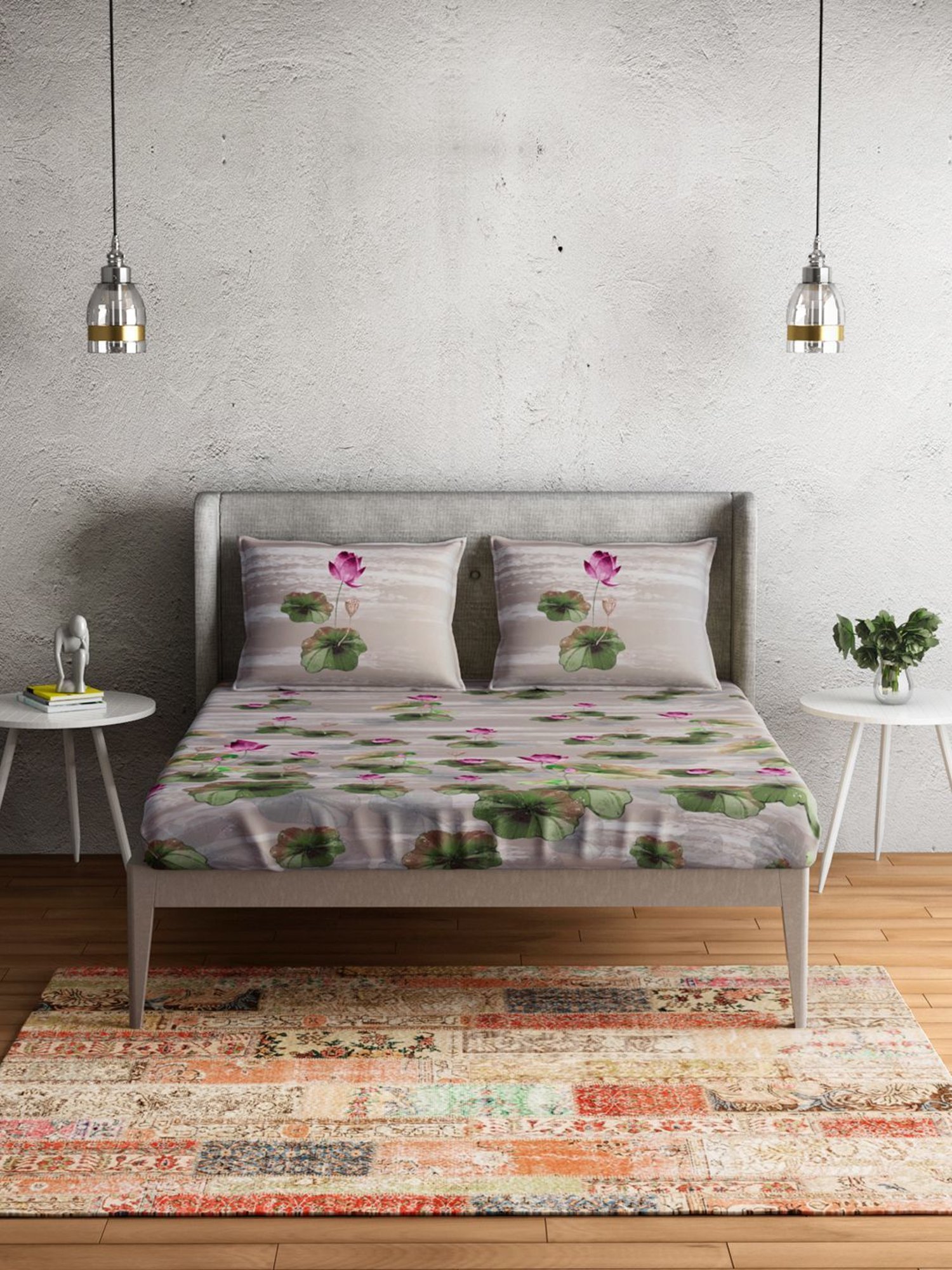 Petal Home Lotus Floral Beige 300 TC Cotton Queen Size Bed Sheet with 2 Pillow Covers