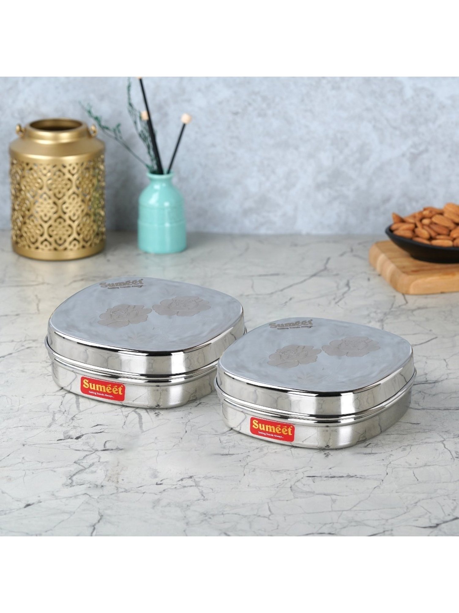 Sumeet S.S. Designer Square Storage containers box/Dabba for Kitchen, Set of 2Pcs, 350ml, 12cm Dia,