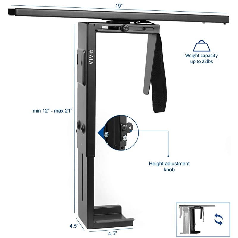 Black Adjustable UnderDesk Slider PC Mount | Computer Case Holder with Pullout Slide Track and 360 Degree Swivel MOUNTPC01D