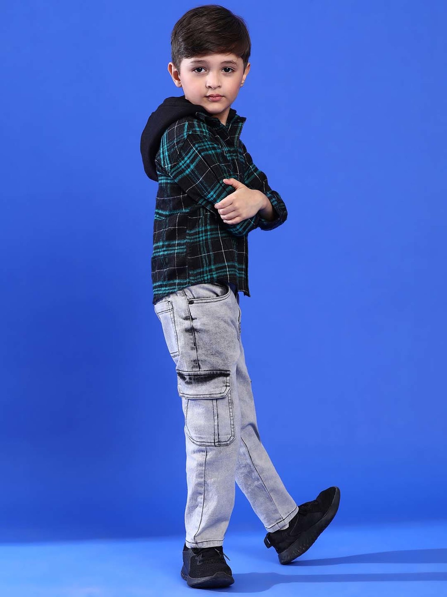 Tales & Stories Kids Grey & Green Chequered Full Sleeves Shirt