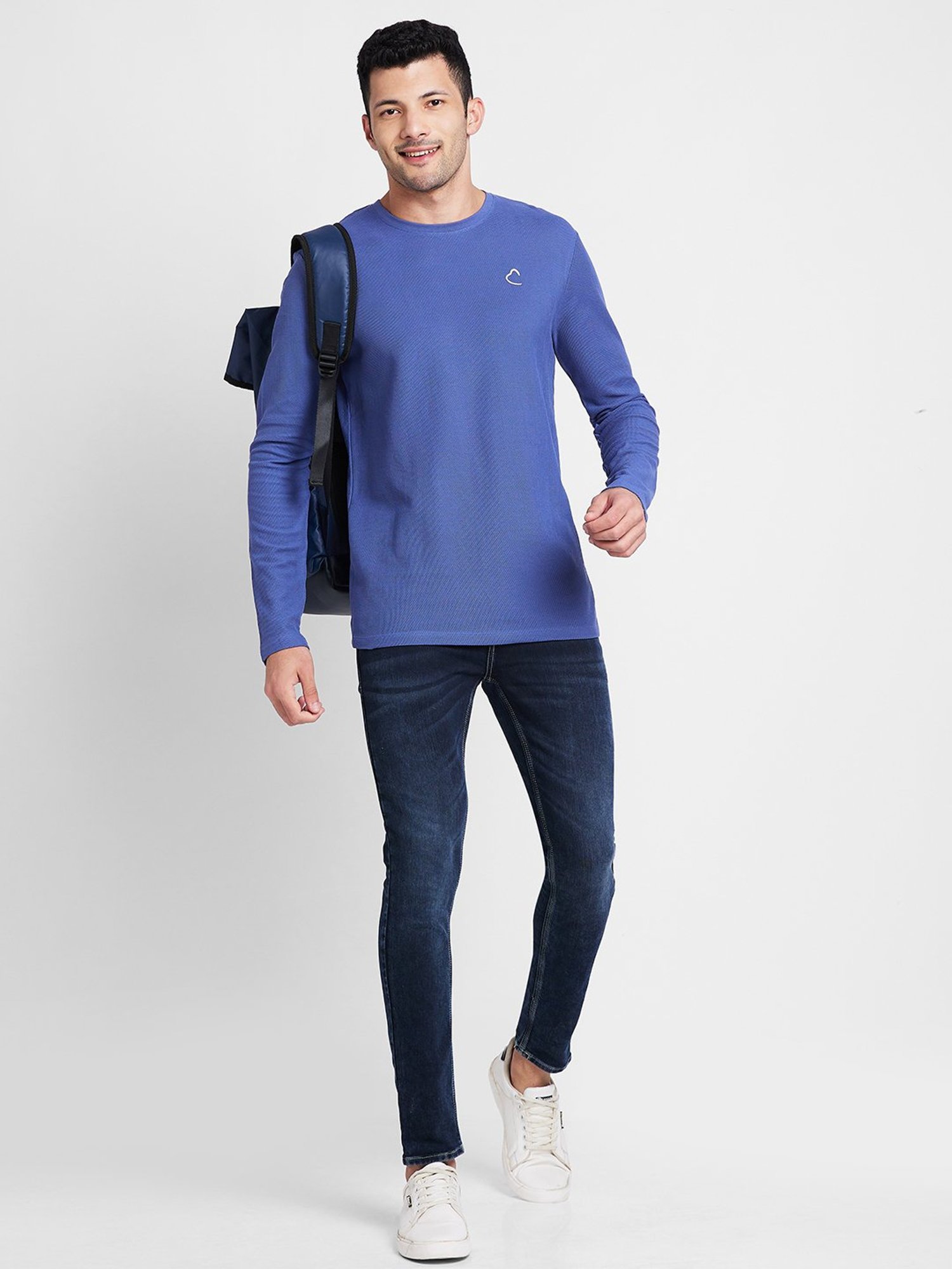 Being Human Blue Regular Fit Textured Crew T-Shirt