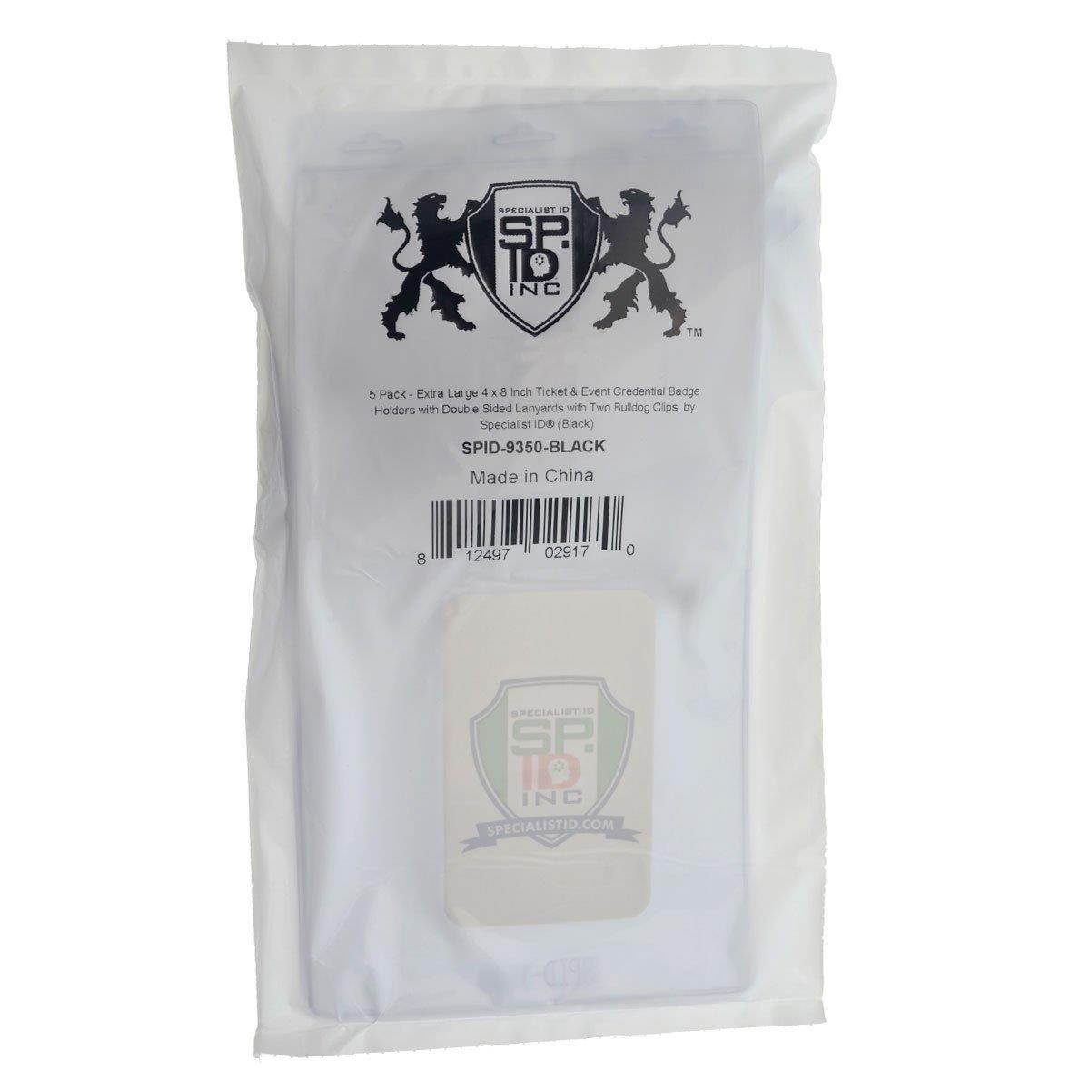 5 Pack - Extra Large 4 x 8 Inch Ticket & Event Credential Badge Holders with Double Sided Lanyards with Two Bulldog Clips, by Specialist ID (Black)