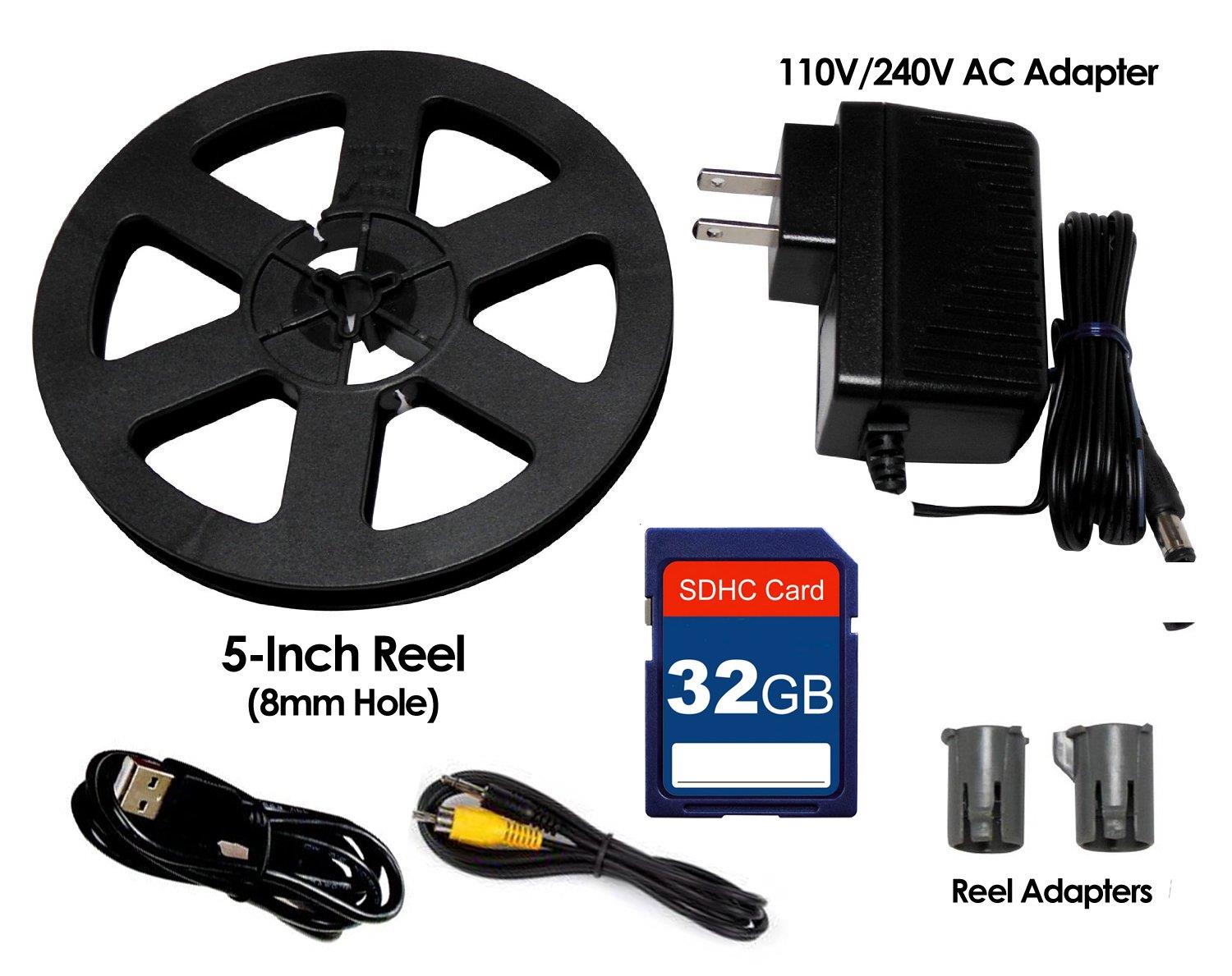 Wolverine 8mm and Super8 Reels Movie Digitizer with 2.4" LCD, Black (Film2Digital MovieMaker), Includes 32GB SD Memory Card & Worldwide Voltage 110V/240V AC Adapter (Bundle)