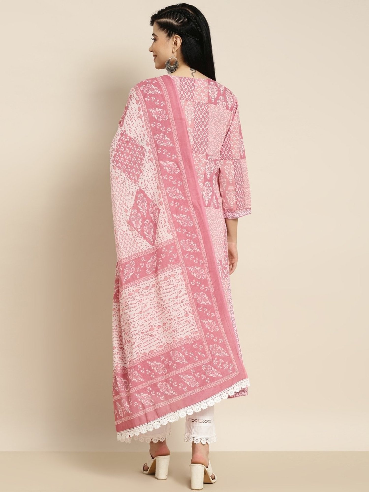 Rain and Rainbow Pink & White Cotton Printed Kurta Pant Set With Dupatta