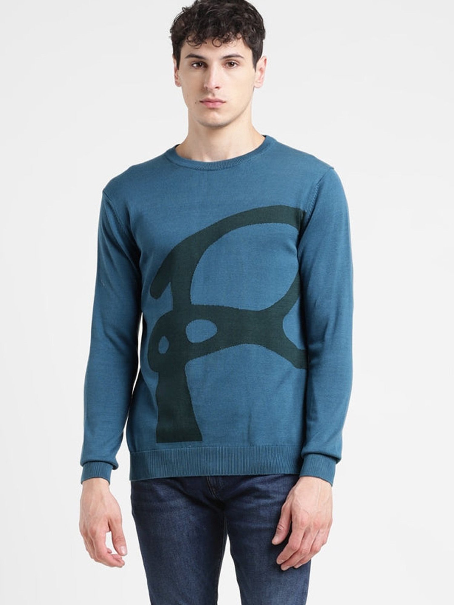 Levi's Teal Cotton Regular Fit Printed Sweater