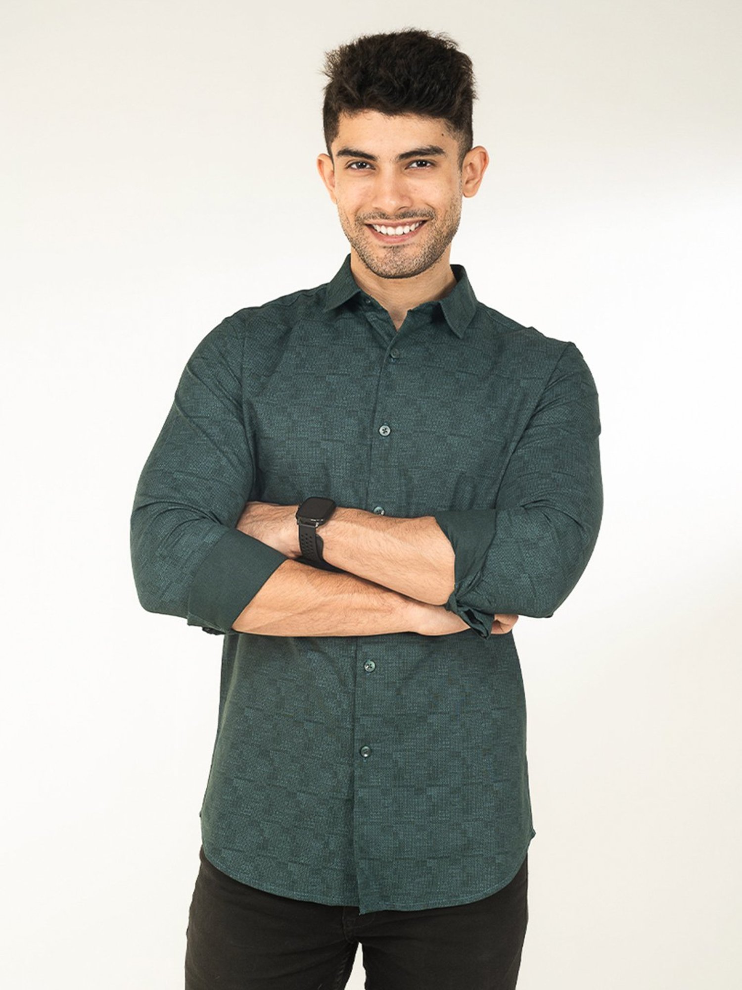 The Bleu Label Teal Slim Fit Self Design Shirt