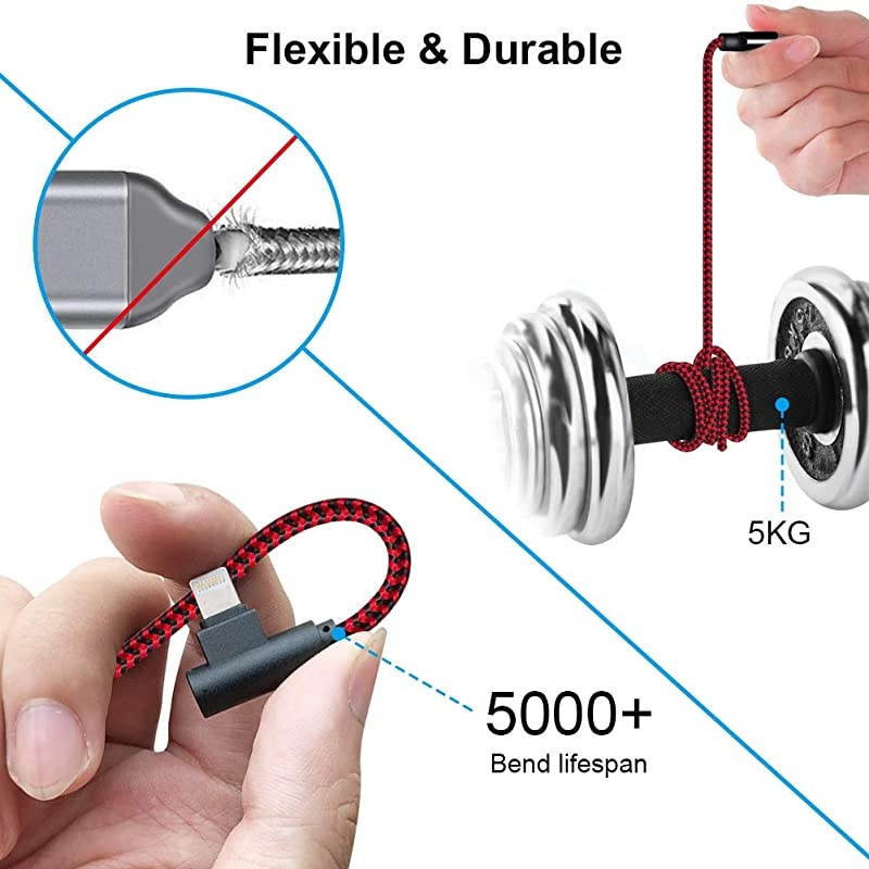 Degree Lightning Cable 10 FT Right Angle 3 Pack iPhone Charger Cable Charging and Syncing Cord Extra Long Nylon Braided for iPhoneiPad Red Black10Foot