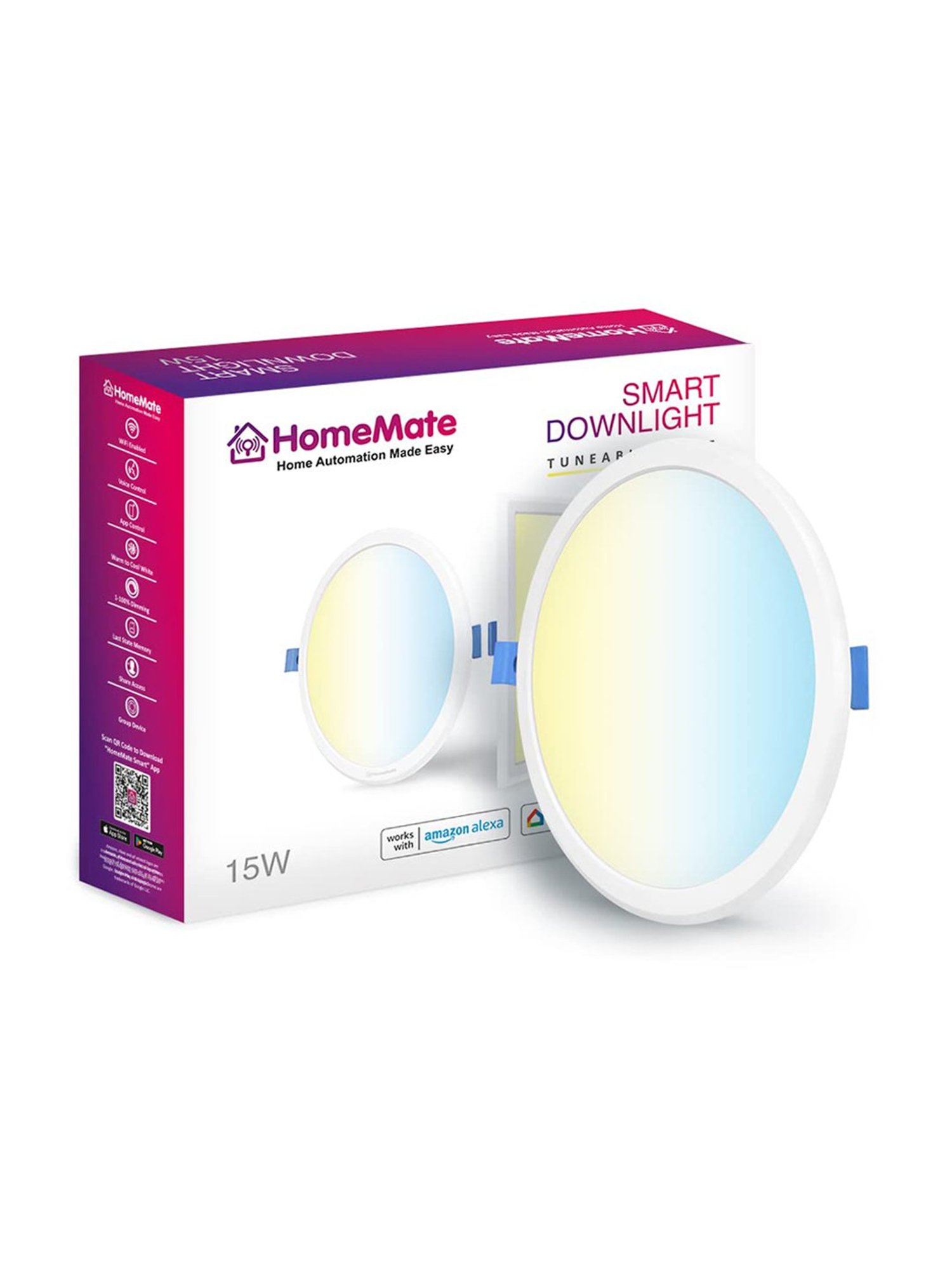 HomeMate 15 Watt WiFi+BLE CCT Smart LED Round Downlight Shades of White from Warm to Cool White