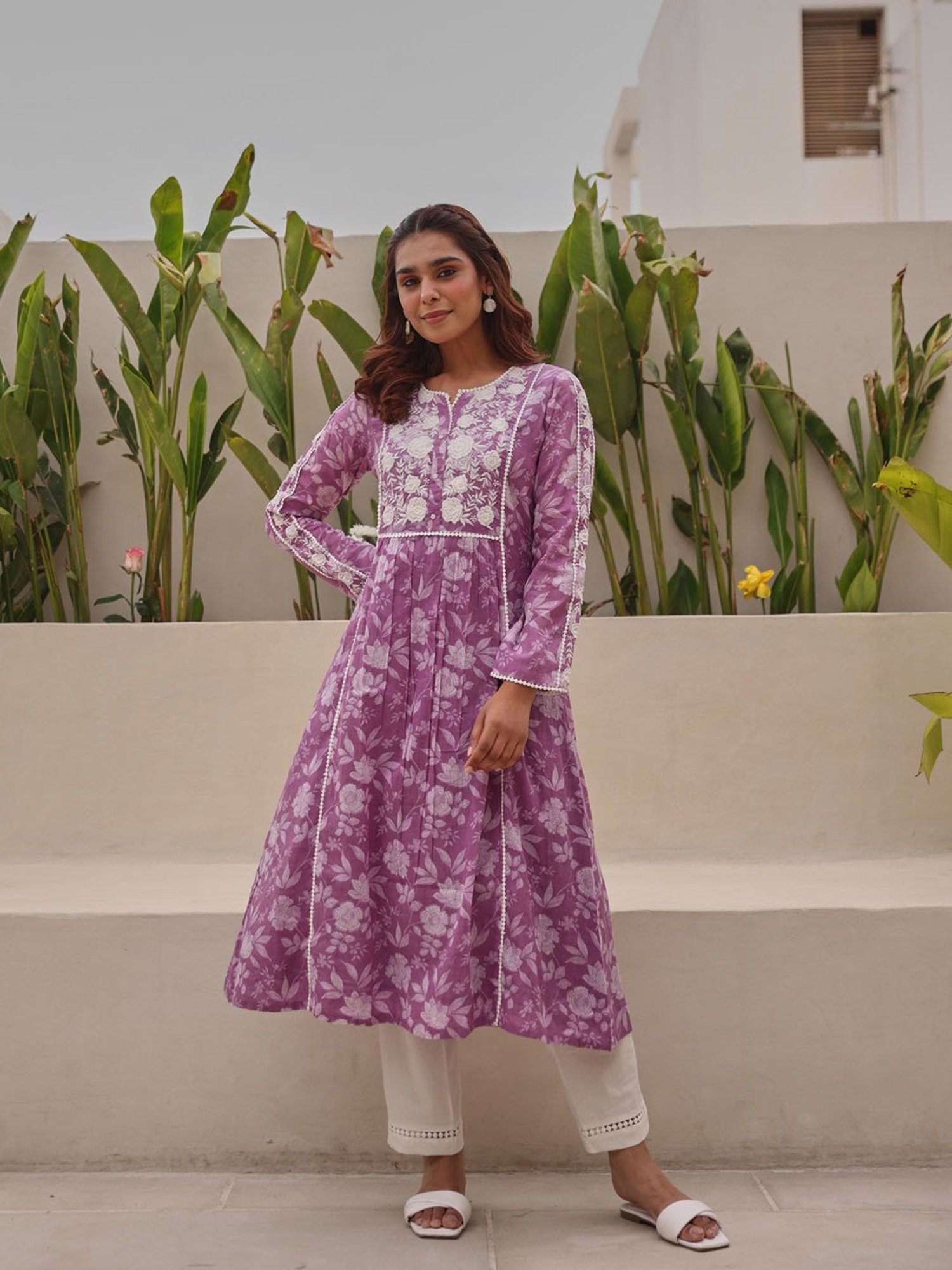 Ekohum Lavender Cotton Embroidered A Line Kurta