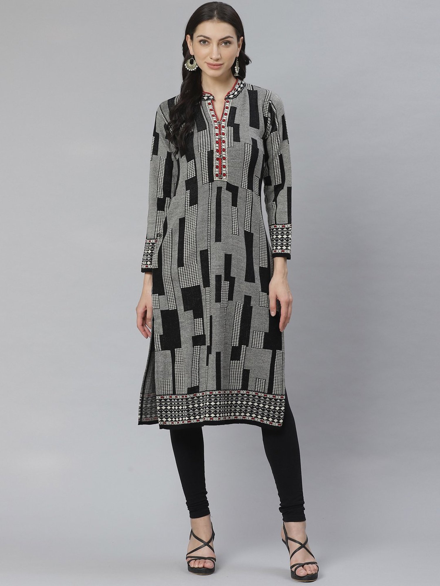 Cayman Black & White Woven Pattern Straight Kurta