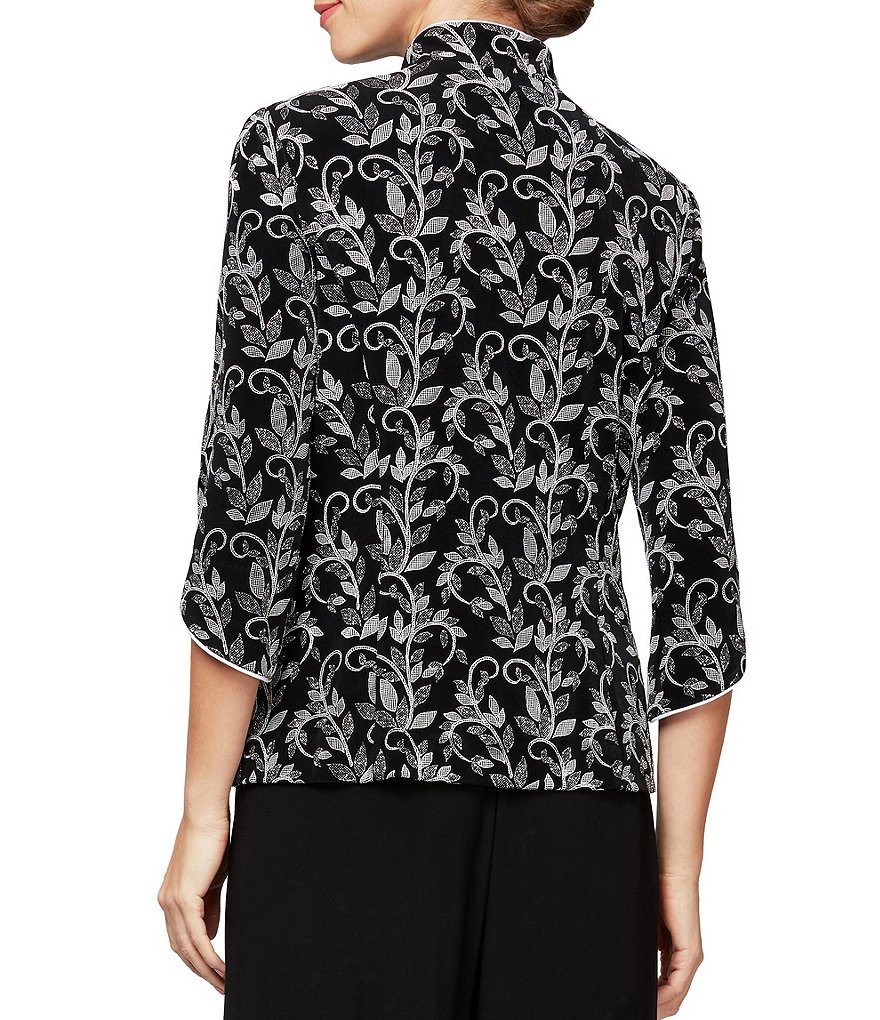 Alex Evenings Petite Size Glitter Detail Printed Piping Detail 3/4 Sleeve Mandarin Collar Neck 2-Piece Twinset