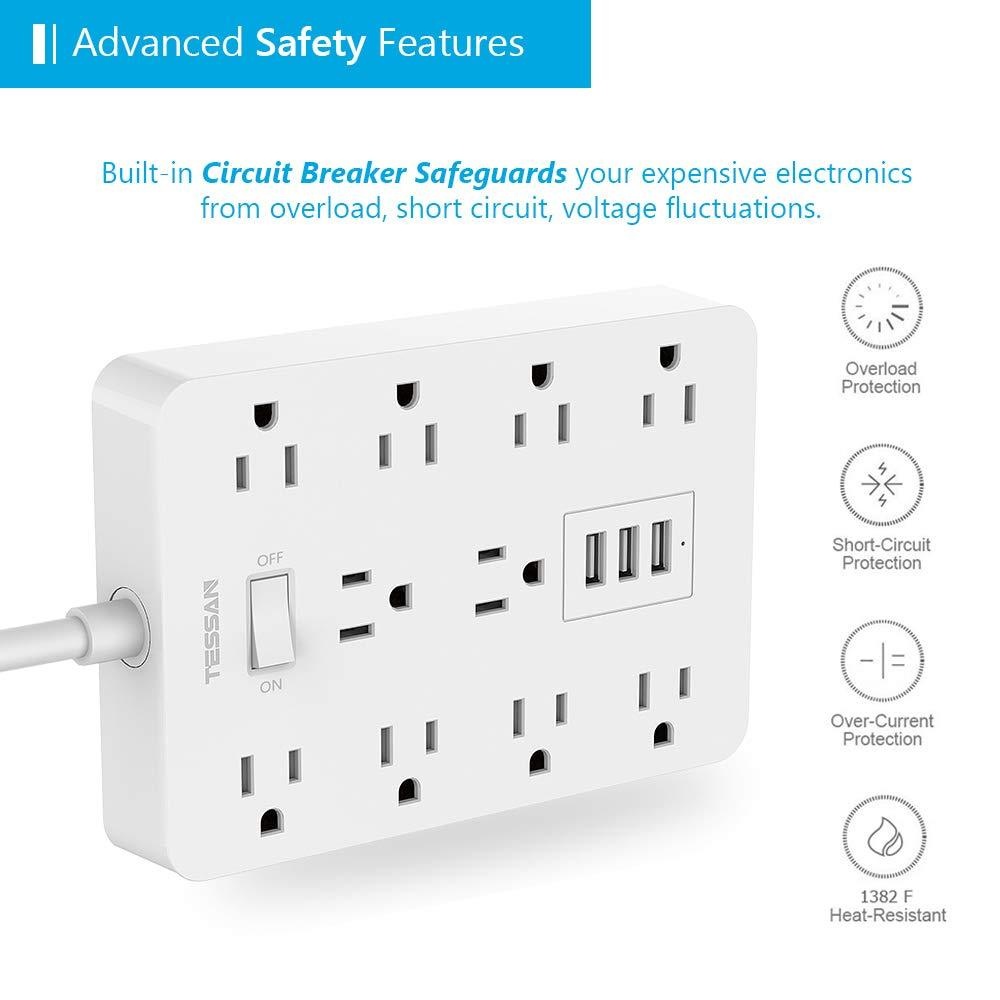 Power Strip 10 Wide Spaced Outlets, TESSAN Wall Mount Extension Cord with Multiple Protection, 3 USB Charger, 1875W/15A 4FT Cord with Overload Protector for Home and Office Essentials, White